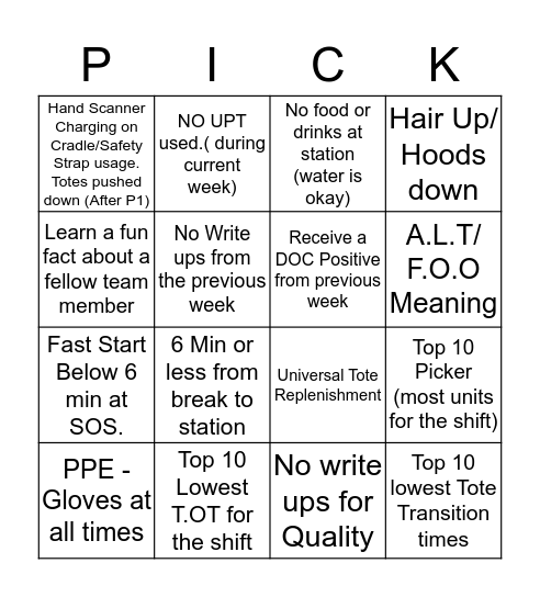 DTW1 PEAK Bingo Card