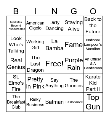 80's Movie Bingo Card