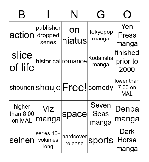 manga challenge Bingo Card