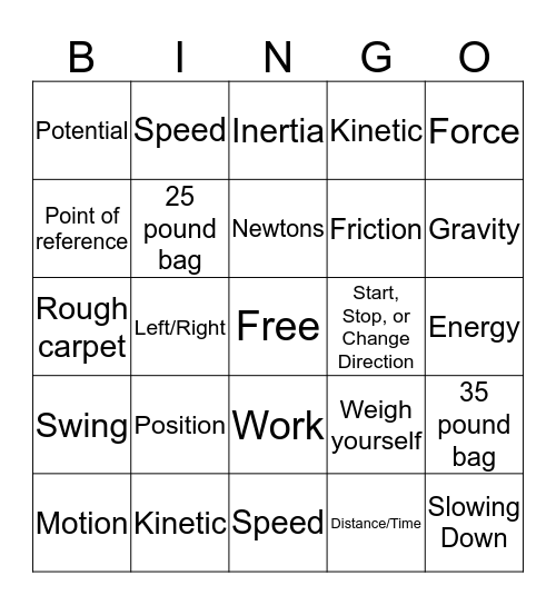 Force, Motion, and Energy Bingo Card