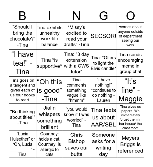 We Love you Tina! Bingo Card