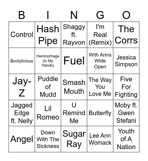 Hits of 2001 Bingo Card