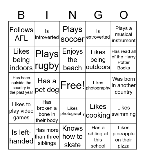 Getting to know you BINGO! Bingo Card
