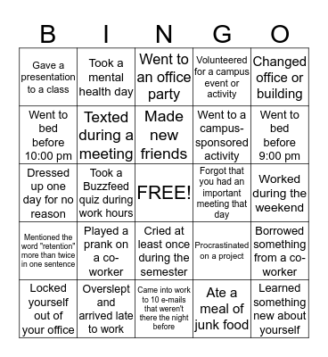 College Bingo (Faculty/Staff) Bingo Card