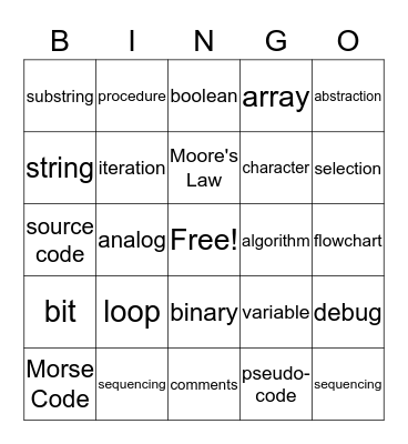 AP Computer Science Vocabulary Bingo Card