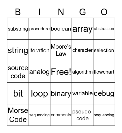 AP Computer Science Vocabulary Bingo Card
