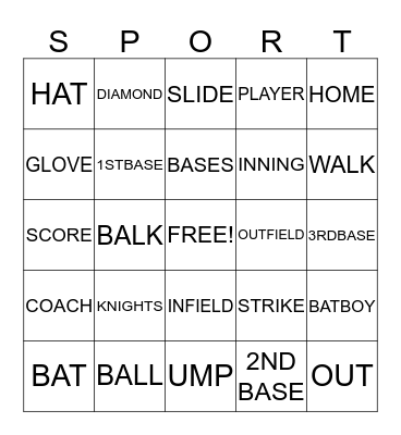 9U Knights Baseball Bingo Card