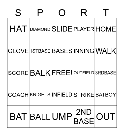 9U Knights Baseball Bingo Card