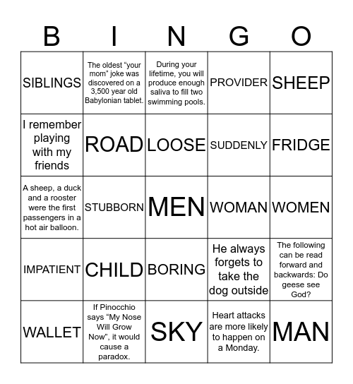 Fun Facts! Bingo Card