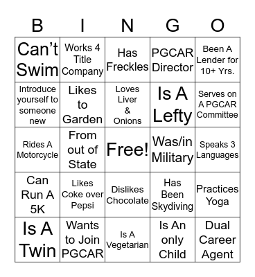 PGCAR’s YPN GET TO KNOW YOU BINGO Card