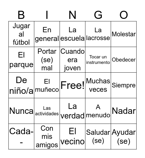 El vocabulario Bingo Card