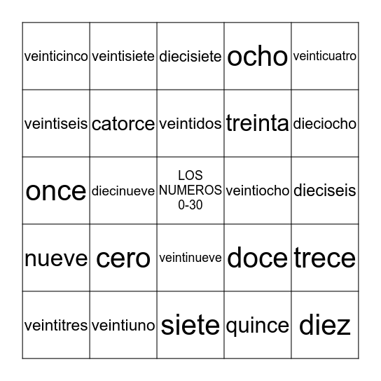 LOS NUMEROS 0-30 Bingo Card