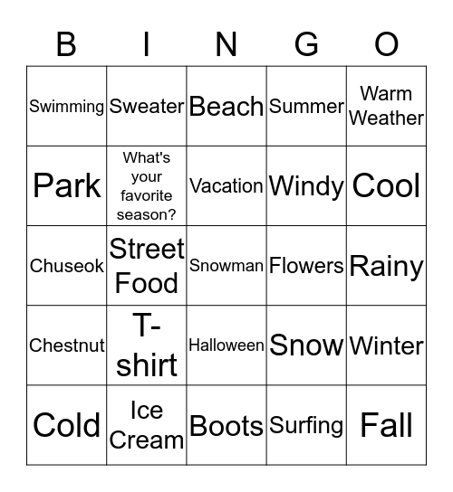Seasons, Activities, and Weather Bingo Card