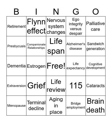 Middle-Adulthood, Late Adulthood, and End of Life Bingo Card