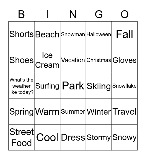 Seasons, Activities, and Weather Bingo Card
