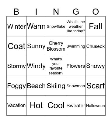 Seasons, Activities, and Weather Bingo Card