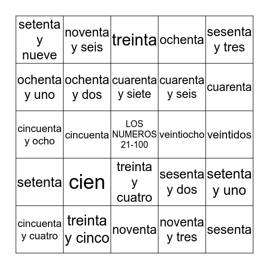 LOS NUMEROS 21-100 Bingo Card