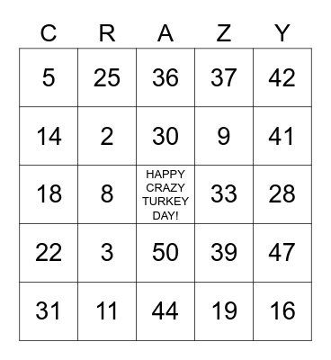 THANKSGIVING "CRAZY" BINGO Card