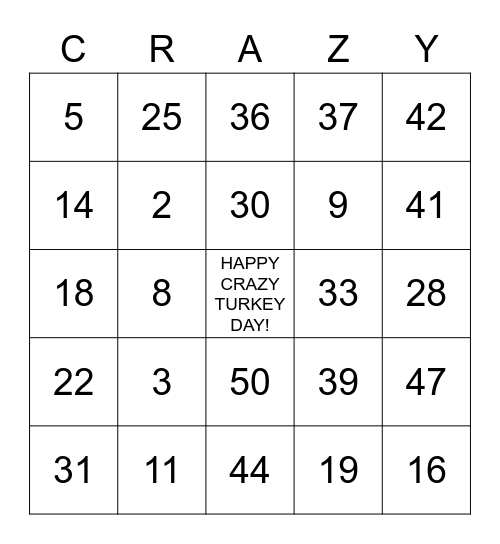 THANKSGIVING "CRAZY" BINGO Card