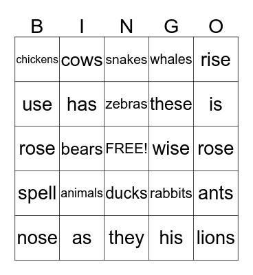 Spelling Words Bingo Card