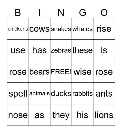 Spelling Words Bingo Card