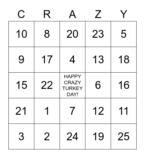 THANKSGIVING "CRAZY " BINGO Card