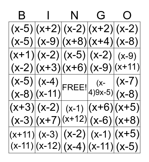 Teach Me How To Factor! Bingo Card