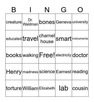 Frankenstein Bingo Card