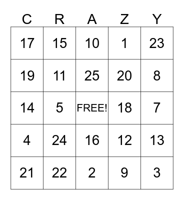 THANKSGIVING "CRAZY" BINGO Card