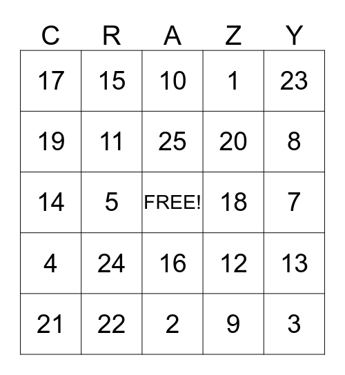 THANKSGIVING "CRAZY" BINGO Card