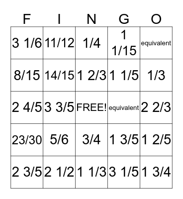 Fraction Bingo Card