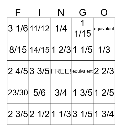 Fraction Bingo Card