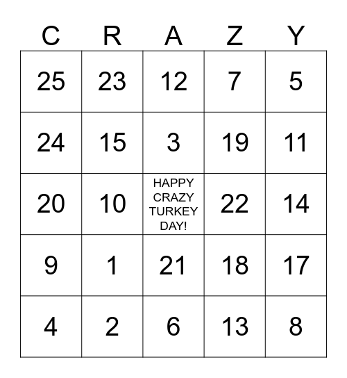 THANKSGIVING "CRAZY" BINGO Card