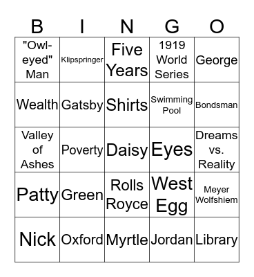 The Great Gatsby Bingo Card