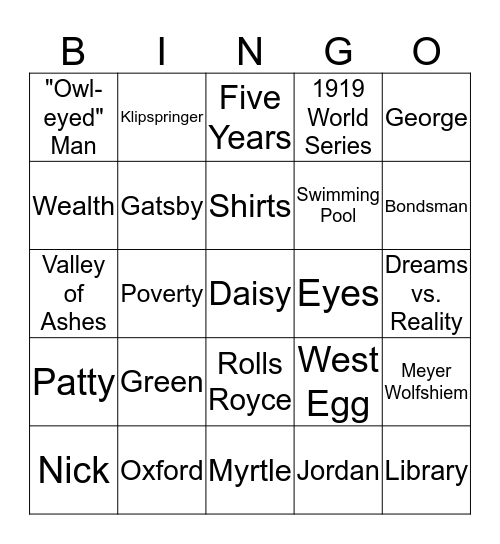 The Great Gatsby Bingo Card