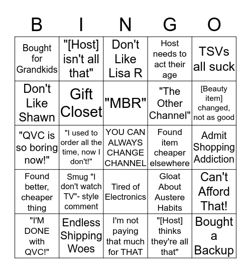 QVC Board Bingo Card