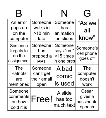 Presentation Day Bingo Card