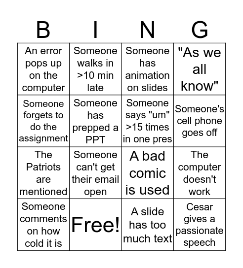 Presentation Day Bingo Card