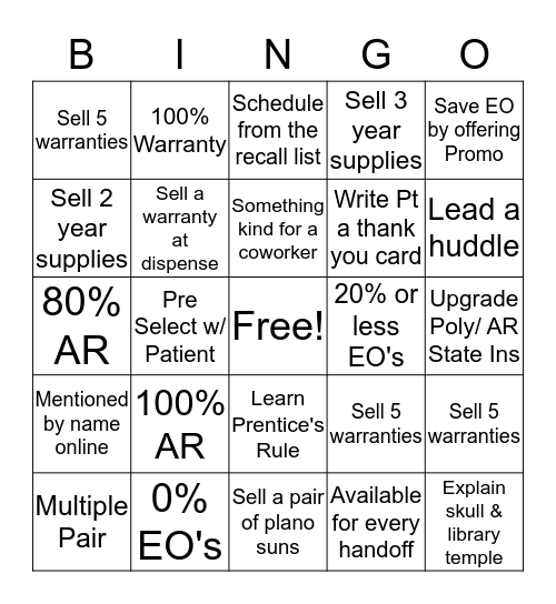 Optician/ Eyewear Consultant Bingo Card