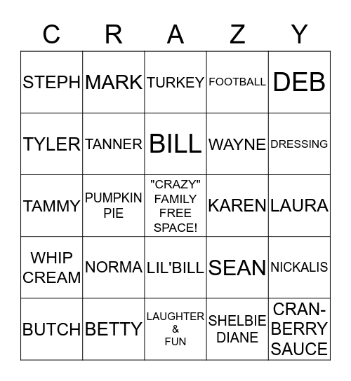 THANKSGIVING "CRAZY" BINGO Card