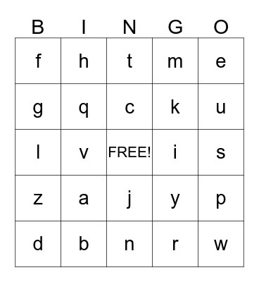 ABC LOWERCASE BINGO Card