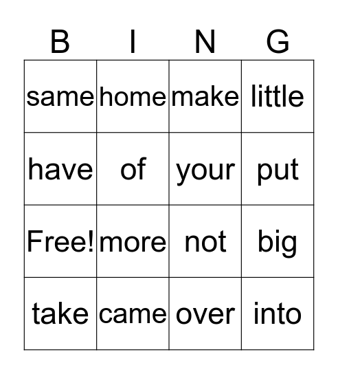 Sight Words 1 Bingo Card