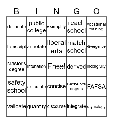 Grade Level Vocab and College Terms Bingo Card