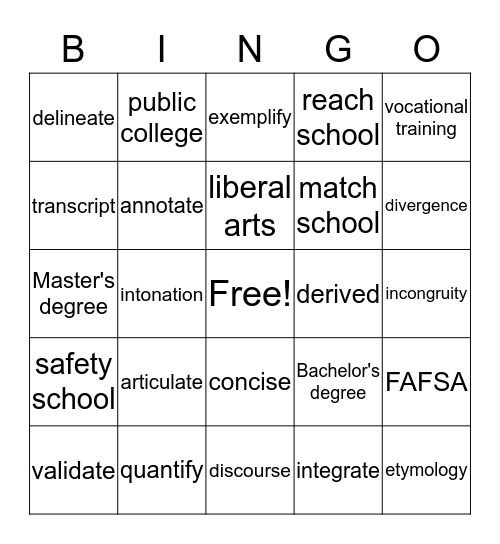 Grade Level Vocab and College Terms Bingo Card