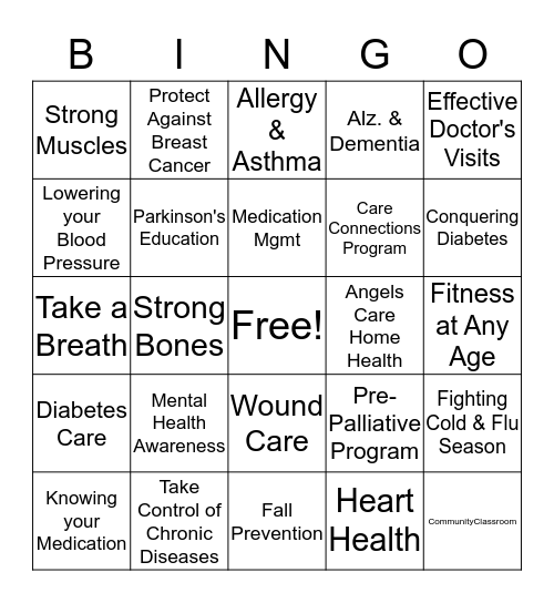 Angels Care Home Health Community Classroom Bingo Card