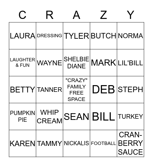 THANKSGIVING "CRAZY" BINGO Card