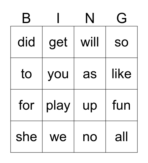 sight word bingo 4 Bingo Card