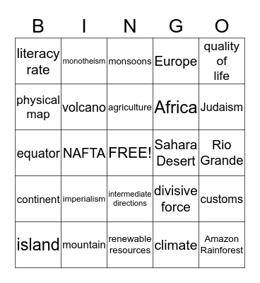 World Geography Bingo! Bingo Card