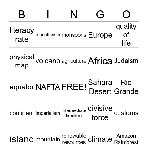 World Geography Bingo! Bingo Card