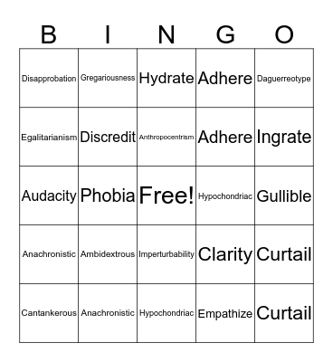 Vocabulary Bingo Card